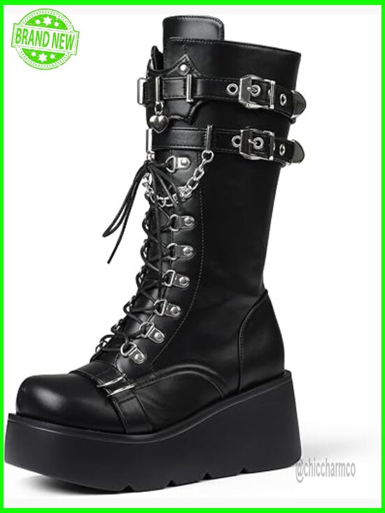 Shoes - Black Wedge Combat Boots Chunky Heel Lace Up Mid Calf Gothic Shoes